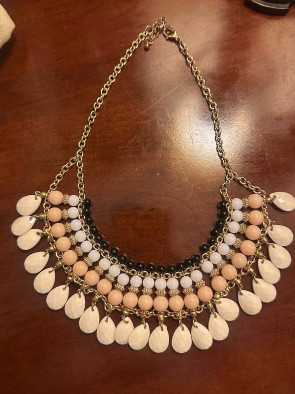 Gold-Tone Statement Necklace with Peach, White and Black Beads